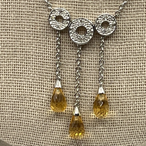 Vintage 10KT White Gold Necklace with Citrine Briolette Drops & Diamond Accents - Picture 2 of 15